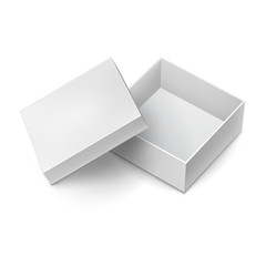 Opened gift cardboard box with cap mockup. Cardboard case 3d layout. Top view of blank paper box isolated on white background. Realistic pasteboard container with shadow vector illustration.
