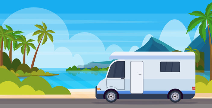 caravan car traveling on highway recreational travel vehicle camping summer vacation concept tropical island sea beach landscape background flat horizontal