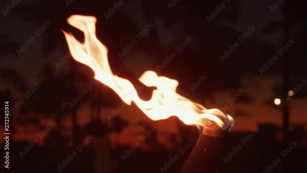 Wall mural torch with fire and flames burning in hawaii sunset sky by palm trees. beautiful slow motion torches