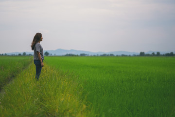 A woman standing and looking at a beautiful rice field with feeling relaxed and calm