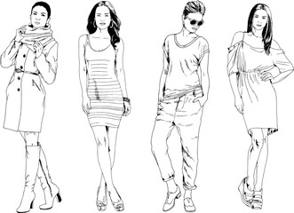 vector drawings on the theme of beautiful slim sporty girl in casual clothes in various poses painted ink hand sketch with no background	