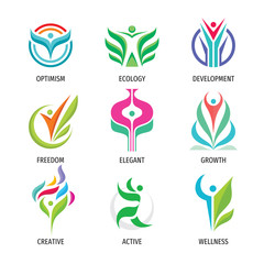 Nature ecology vector logo set. Human character sign. Green leaves symbol. Positive development icons. Design elements.