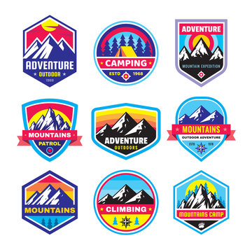 Set of adventure outdoor concept badges, summer camping emblem, mountain climbing logo in flat style. Creative vector illustration. Graphic design element.  