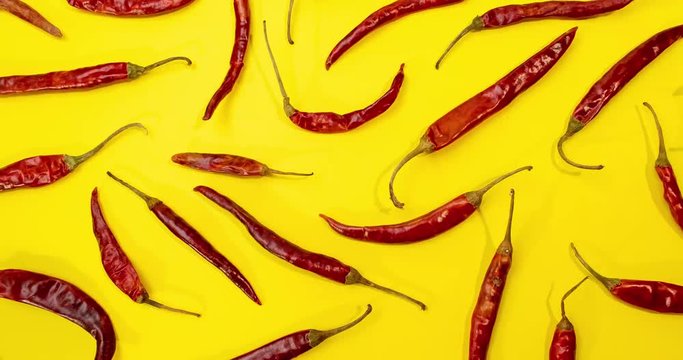 Red Chile de árbol chilies stop motion movement as pattern on fun vibrant yellow background 4k