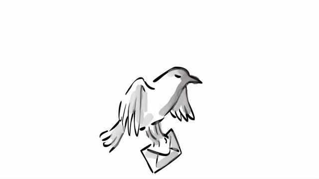 2d Animation motion graphics watercolor of a carrier pigeon bird carrying letter  envelope or delivering mail on white screen in HD high definition.