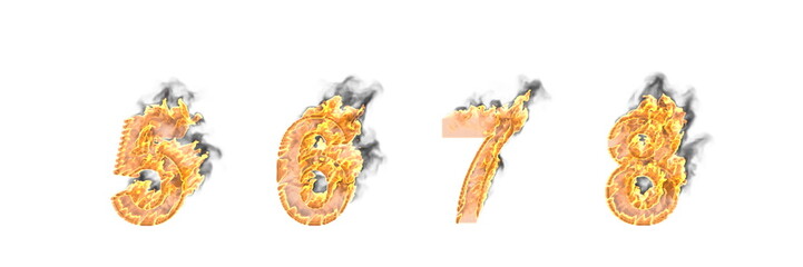 Fire and dark smoke numbers 5 6 7 8 isolated, artistic heroic font - 3D illustration of symbols