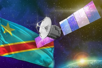 Space communications technology concept - satellite with Democratic Republic of Congo flag, 3D Illustration