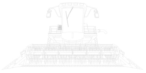 Industrial 3D illustration of thin contoured, detailed 3D model of big wheat agricultural harvester on white, farming vehicle innovation concept