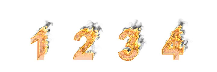 Artistic design font, flaming fire and smoke numbers 1 2 3 4 isolated on white - 3D illustration of symbols