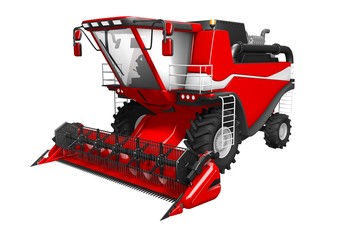 industrial 3D illustration of large rendered red rural harvester front view isolated on white