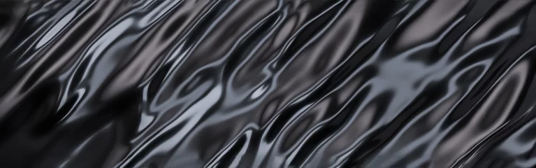 Poster Zwarte olie of benzine vloeibare stroom, vloeibaar metaal close-up, brede horizontale banner. 3d illustratie © vpanteon