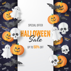 Happy Halloween sale vector banner. Paper cut style. Vector illusration