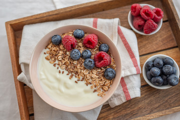Healthy food background with homemade oatmeal granola