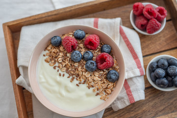 Healthy food background with homemade oatmeal granola