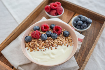 Healthy food background with homemade oatmeal granola
