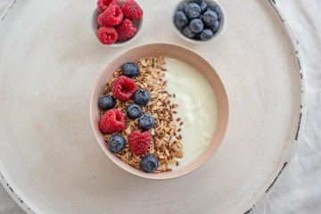Healthy food background with homemade oatmeal granola