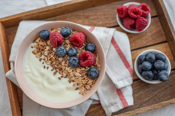 Healthy food background with homemade oatmeal granola