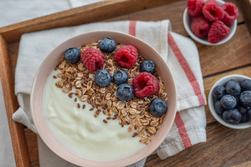 Healthy food background with homemade oatmeal granola