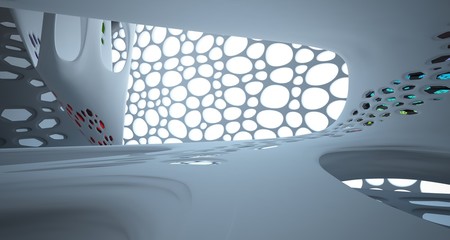 Abstract white and black parametric interior with window. 3D illustration and rendering.