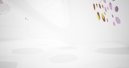 Abstract white and colored gradient glasses smooth parametric interior  with window. 3D illustration and rendering.