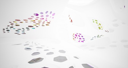 Abstract white and colored gradient glasses smooth parametric interior  with window. 3D illustration and rendering.