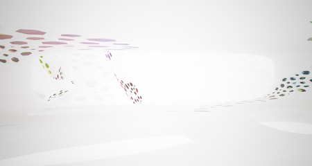 Abstract white and colored gradient glasses smooth parametric interior  with window. 3D illustration and rendering.