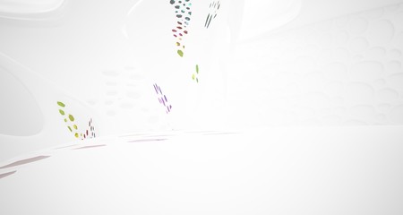 Abstract white and colored gradient glasses smooth parametric interior  with window. 3D illustration and rendering.