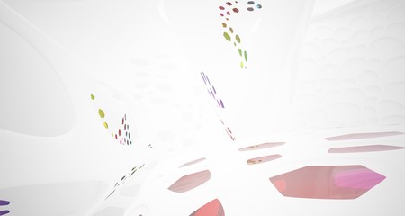 Abstract white and colored gradient glasses smooth parametric interior  with window. 3D illustration and rendering.