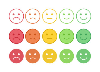 Vector icon set of the colorful emoticons with different mood. Smiles with five emotions: dissatisfied, sad, indifferent, glad, satisfied. Element of UI design for estimating client assessment.