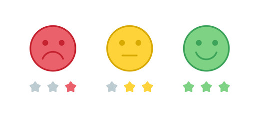 Vector icon set of the colorful emoji with star shaped progress bar. Smiles of angry, neutral and happy emotions isolated on white. Design for estimating client assessment, web, ui.