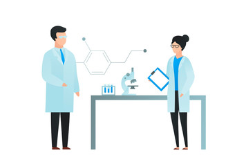 Trendy flat scientist character vector illustration. Set of cartoon male and female science team standing in laboratory with table, microscope, test tube, and molecula formula sign. Design element.