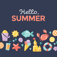 "Hello summer" banner with cartoon style set of icons on black. Consist of sun, umbrella, sand castle, starfish, fish, lifebuoy, lemon, crab, icecream, cocktail maded for advertising summer holidays.