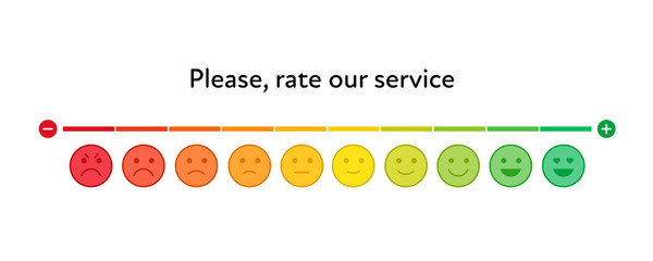Vector feedback survey template. Ten scale of colorful emotion smiles from angry to happy with color slider on white background. Emoticons element of UI design for client service rating.