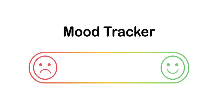 Scale of mood with outline emoticons. Angry and happy in progress bar. Sad and happy feelings on smiles. Mood tracker for checking mental disorders like bipolar disorder or depression.