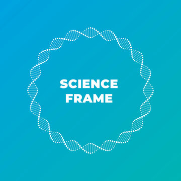 Vector science dna flat banner template. White atom spiral frame around text holder isolated on blue gradient background. Design for web, presentation, banner, poster.
