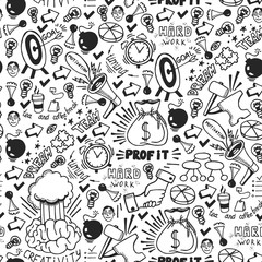Fototapeta premium Start up concept. Vector pattern with motivational icons. Rocket, brainstorm, succes, innovation