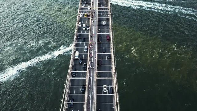 Drone footage showing Brooklyn Bridge.