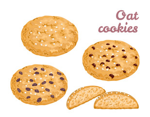 Oat cookies set. Fresh cereal healthy pastries isolated on white background. Vector illustration of cookies with sugar, raisins and chocolate pieces in cartoon flat style.