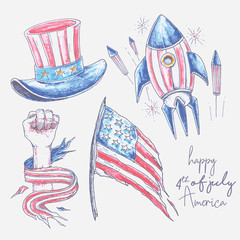 America Independence Day Pencil colored drawing elements