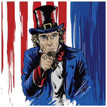 Uncle Sam Drawn Character with America Flag