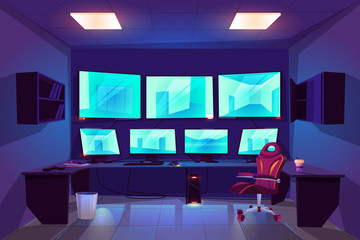 Security control cctv room interior with multiple monitors displaying video from surveillance cameras with outside and inside monitoring views. Guardian center with screens cartoon vector illustration