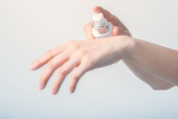Close-up hand of woman show hand treatment with spa and skincare 