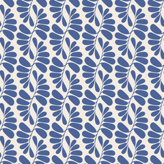 Indigo blue palm leaf seamless repeat pattern . A pretty geometric foliage vector design.