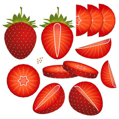 Strawberry vector illustration set. Whole, sliced and halved Strawberry graphics.