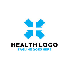 Health Logo Design With Flat Blue Color Style. Arrow Symbol Logotype. Sign Medicine For Health Care. Medical Icon For Business. Creative Graphic Idea For Clinic And Hospital