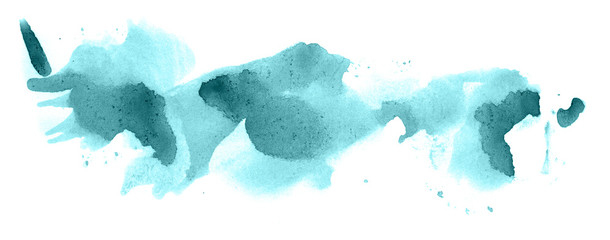 Abstract watercolor background hand-drawn on paper. Volumetric smoke elements. Blue-Green color. For design, web, card, text, decoration, surfaces.