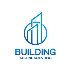 Building Logo For Company With Line Style. Blue Town Symbol and City Icon. Modern Property And Real Estate Emblem For Business and Company