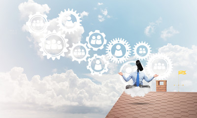 Concept of security and privacy protection with camera headed man meditating