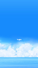 Fototapeta na wymiar 海と快晴の上空に浮かぶ雲、飛行機の形をした雲