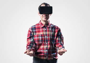 Guy in mask experiencing virtual reality as new entertainment device